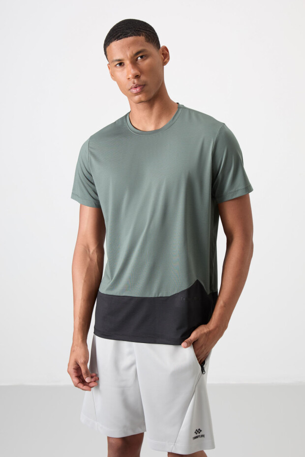 Haki Nefes Alan Dokulu İnce Esnek Standart Fit Erkek Performans T-Shirt - 88383 - 1