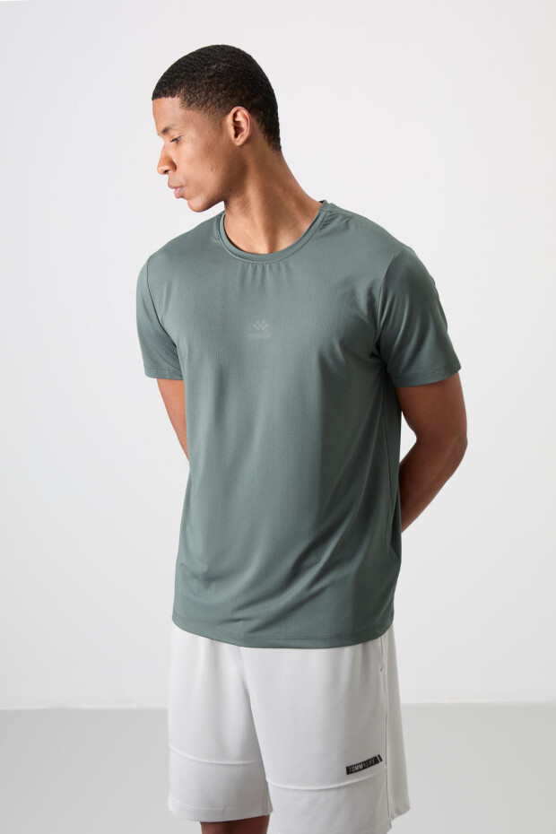 Haki Nefes Alan Dokulu İnce Esnek Standart Fit Erkek Performans T-Shirt - 88387 - 5