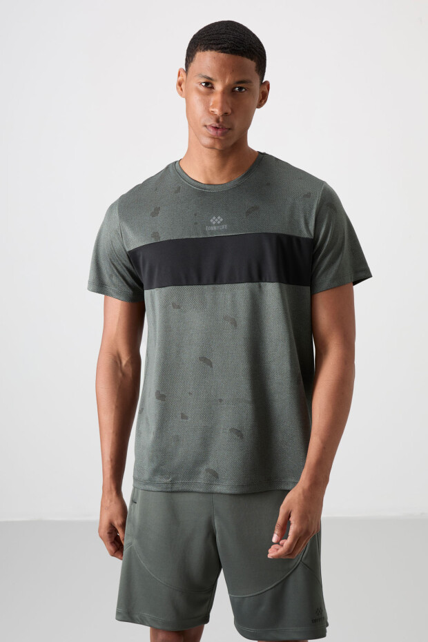 Haki Nefes Alan Jakarlı İnce Esnek Standart Fit Erkek Performans T-Shirt - 88398 - 1