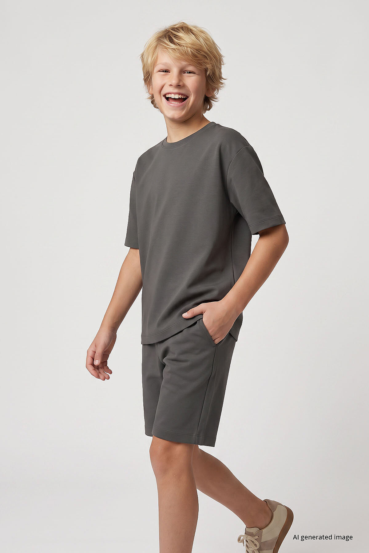 Haki Oversize Fit Basic Erkek Çocuk Şort Takım - 11335 - TOMMYLIFE (1)