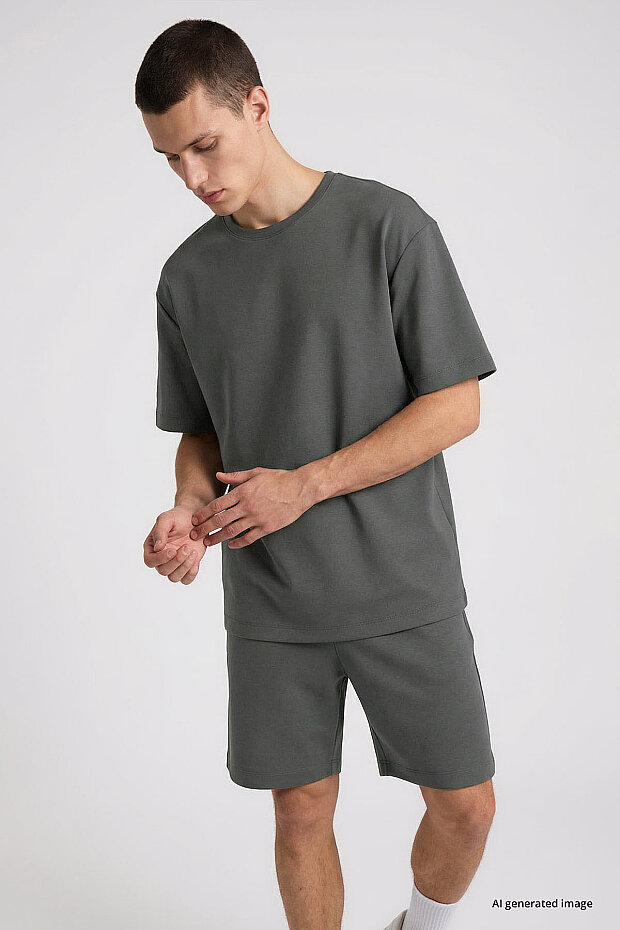 Haki Oversize Fit Basic Erkek Şort Takım - 85292 - 3
