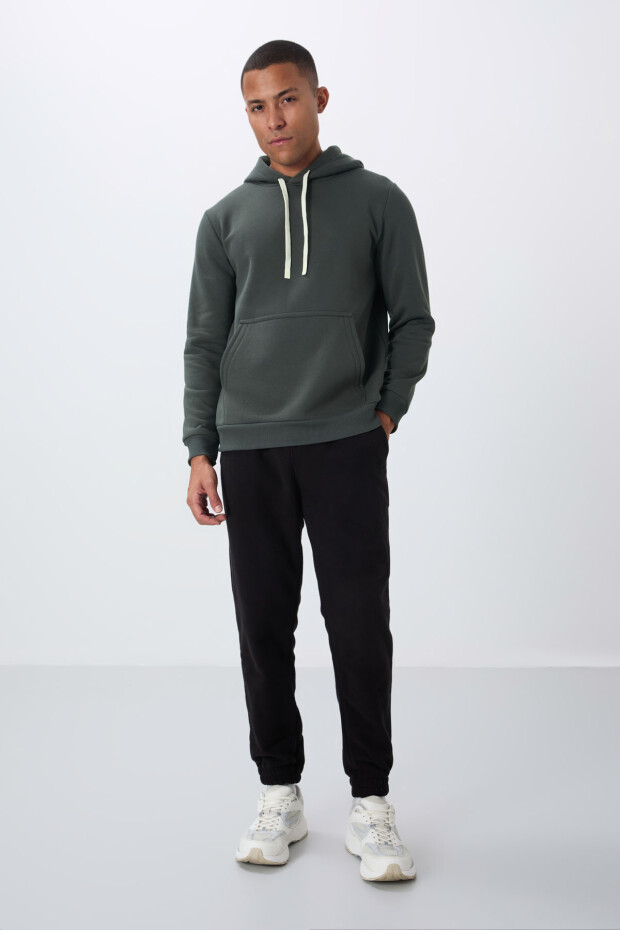 Haki Pamuklu Kalın İçi Tüylü Yumuşak Dokulu Comfort Fit Nakışlı Erkek Sweatshirt - 88419 - 3
