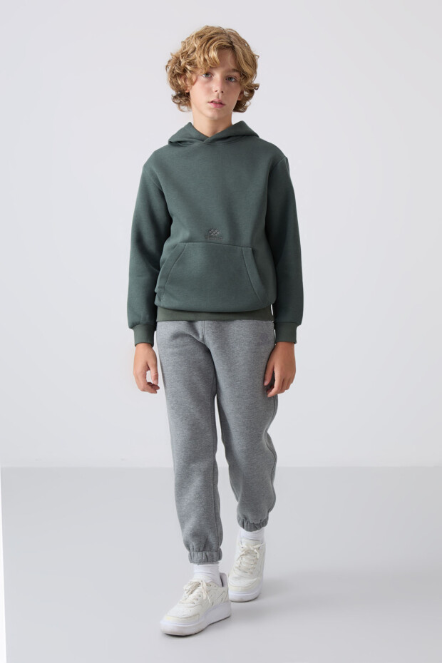 Haki Pamuklu Kalın İçi Tüylü Yumuşak Dokulu Standart Fit Baskılı Erkek Çocuk Sweatshirt - 11215 - 2