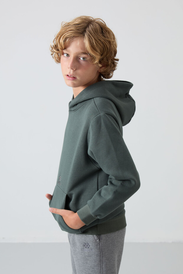 Haki Pamuklu Kalın İçi Tüylü Yumuşak Dokulu Standart Fit Baskılı Erkek Çocuk Sweatshirt - 11215 - 4