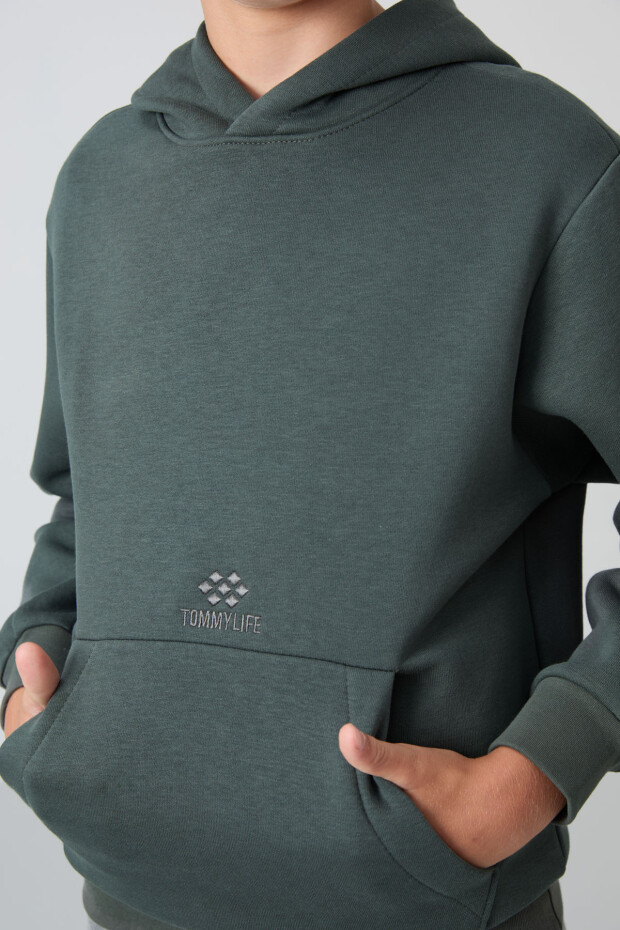 Haki Pamuklu Kalın İçi Tüylü Yumuşak Dokulu Standart Fit Baskılı Erkek Çocuk Sweatshirt - 11215 - 3