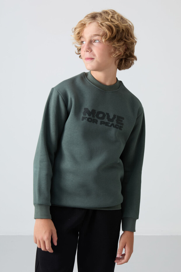 Haki Pamuklu Kalın İçi Tüylü Yumuşak Dokulu Standart Fit Baskılı Erkek Çocuk Sweatshirt - 11216 - 4