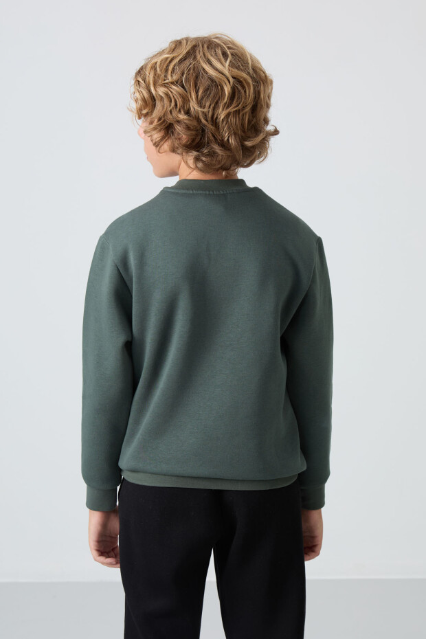 Haki Pamuklu Kalın İçi Tüylü Yumuşak Dokulu Standart Fit Baskılı Erkek Çocuk Sweatshirt - 11216 - 5