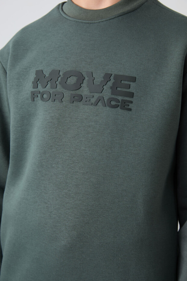 Haki Pamuklu Kalın İçi Tüylü Yumuşak Dokulu Standart Fit Baskılı Erkek Çocuk Sweatshirt - 11216 - 3