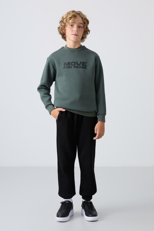 Haki Pamuklu Kalın İçi Tüylü Yumuşak Dokulu Standart Fit Baskılı Erkek Çocuk Sweatshirt - 11216 - 2