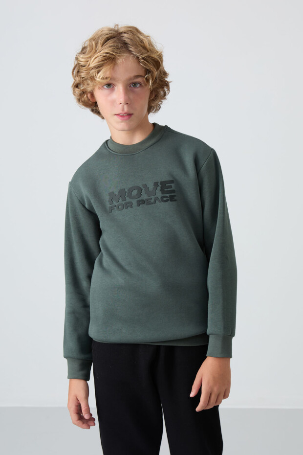 Haki Pamuklu Kalın İçi Tüylü Yumuşak Dokulu Standart Fit Baskılı Erkek Çocuk Sweatshirt - 11216 - 1