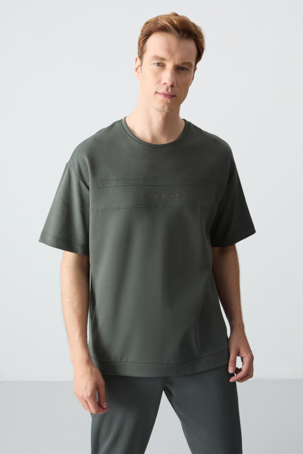 Haki Pamuklu Kalın Yumuşak Dokulu Oversize Fit Basic Erkek Eşofman Takım - 85261 - 2