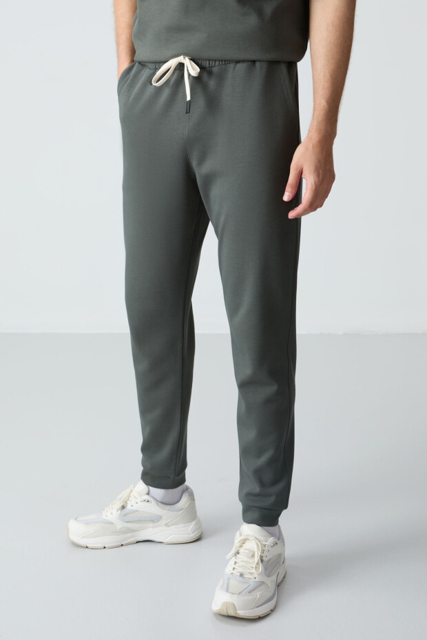 Haki Pamuklu Kalın Yumuşak Dokulu Oversize Fit Basic Erkek Eşofman Takım - 85261 - 4
