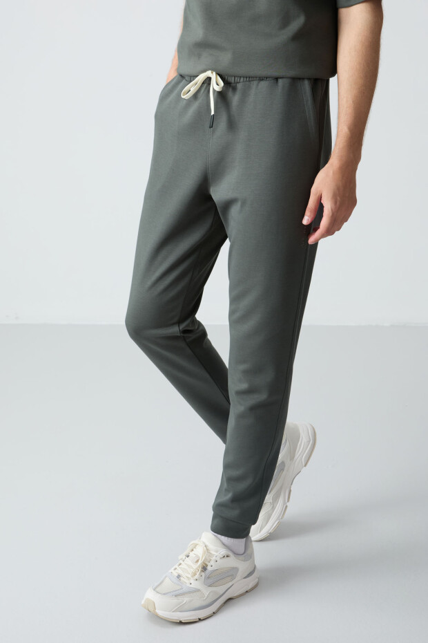 Haki Pamuklu Kalın Yumuşak Dokulu Oversize Fit Basic Erkek Eşofman Takım - 85261 - 7