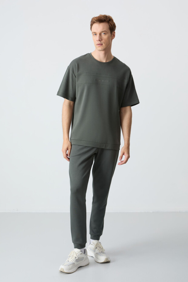 Haki Pamuklu Kalın Yumuşak Dokulu Oversize Fit Basic Erkek Eşofman Takım - 85261 - 1