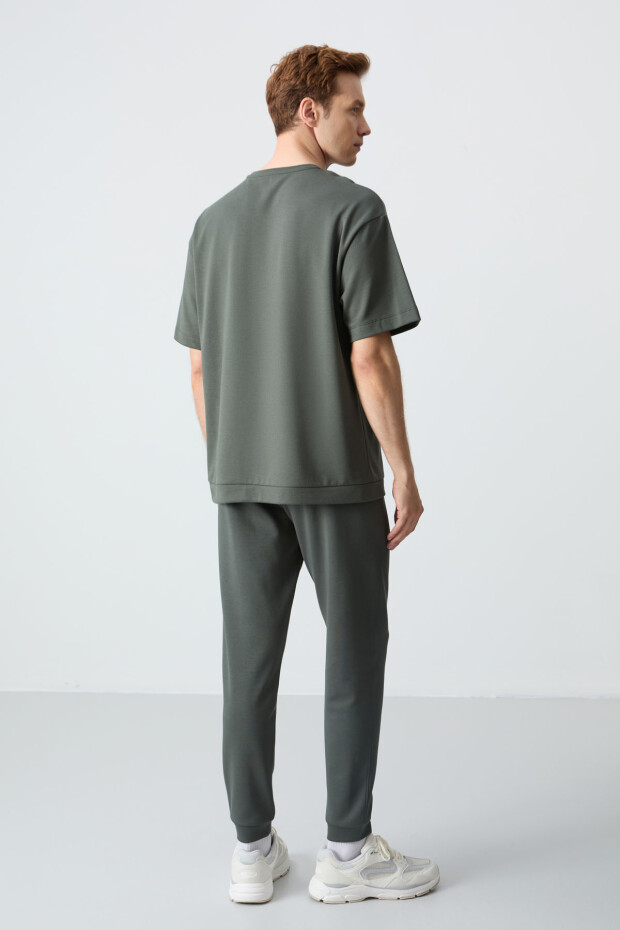 Haki Pamuklu Kalın Yumuşak Dokulu Oversize Fit Basic Erkek Eşofman Takım - 85261 - 8
