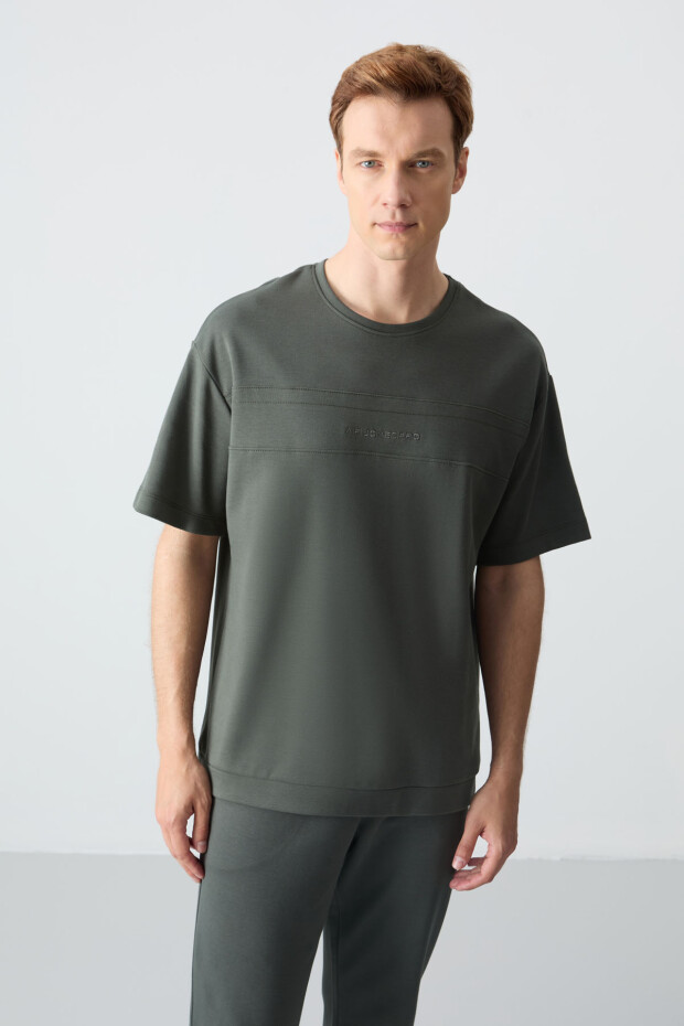 Haki Pamuklu Kalın Yumuşak Dokulu Oversize Fit Basic Erkek Eşofman Takım - 85261 - 5