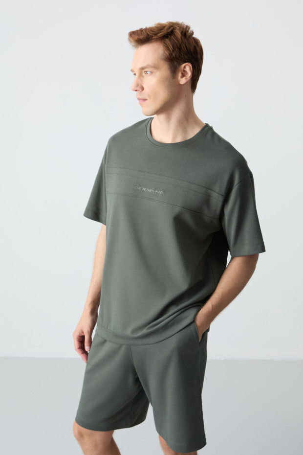 Haki Pamuklu Kalın Yumuşak Dokulu Oversize Fit Basic Erkek Şort Takım - 85257 - 4