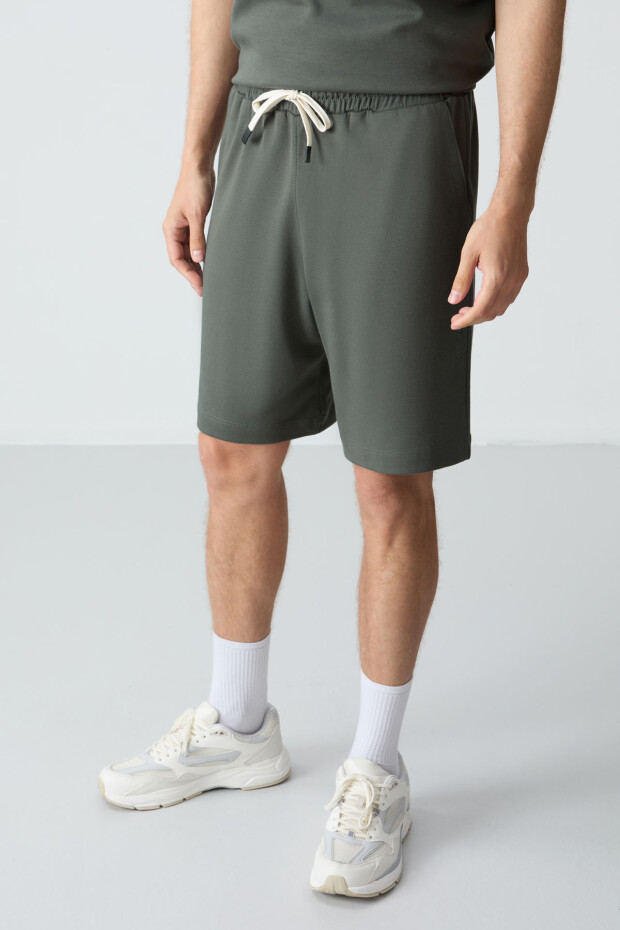 Haki Pamuklu Kalın Yumuşak Dokulu Oversize Fit Basic Erkek Şort Takım - 85257 - 2