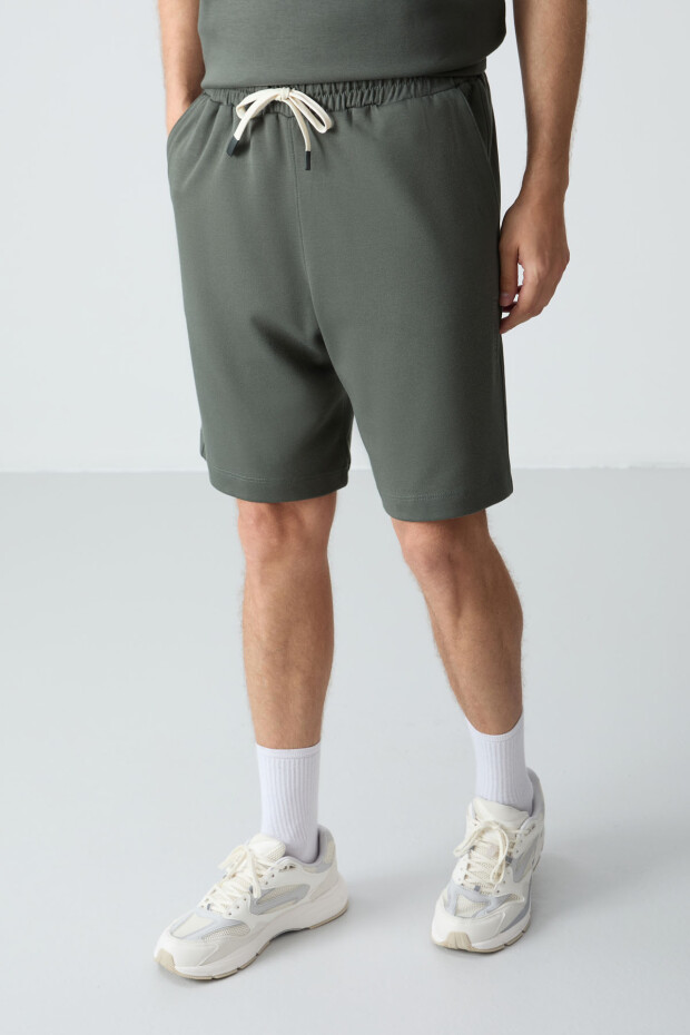 Haki Pamuklu Kalın Yumuşak Dokulu Oversize Fit Basic Erkek Şort Takım - 85257 - 5
