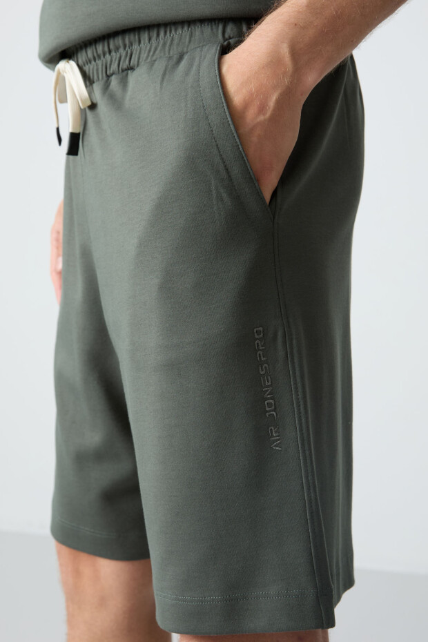 Haki Pamuklu Kalın Yumuşak Dokulu Oversize Fit Basic Erkek Şort Takım - 85257 - 6