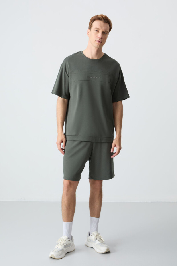 Haki Pamuklu Kalın Yumuşak Dokulu Oversize Fit Basic Erkek Şort Takım - 85257 - 1