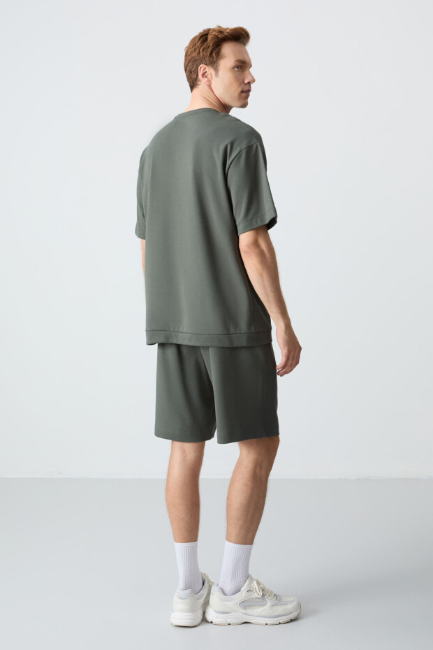 Haki Pamuklu Kalın Yumuşak Dokulu Oversize Fit Basic Erkek Şort Takım - 85257 - 8