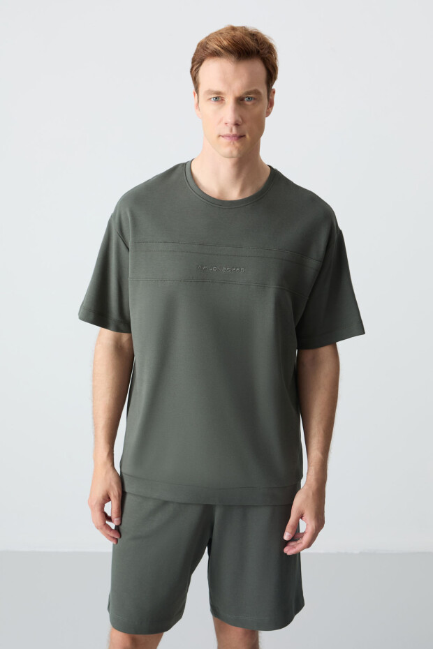 Haki Pamuklu Kalın Yumuşak Dokulu Oversize Fit Basic Erkek Şort Takım - 85257 - 7
