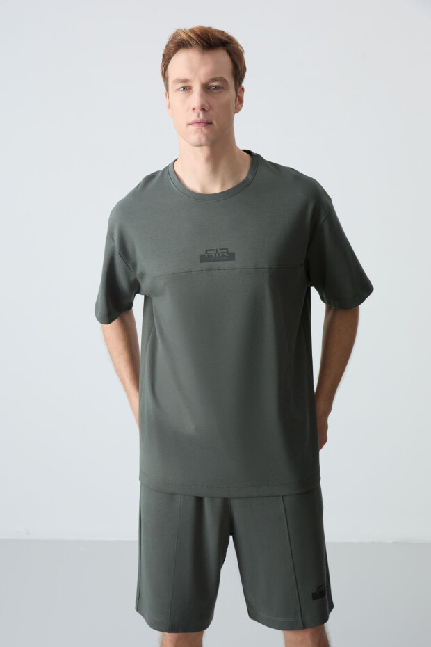 Haki Pamuklu Kalın Yumuşak Dokulu Oversize Fit Basic Erkek Şort Takım - 85259 - 2