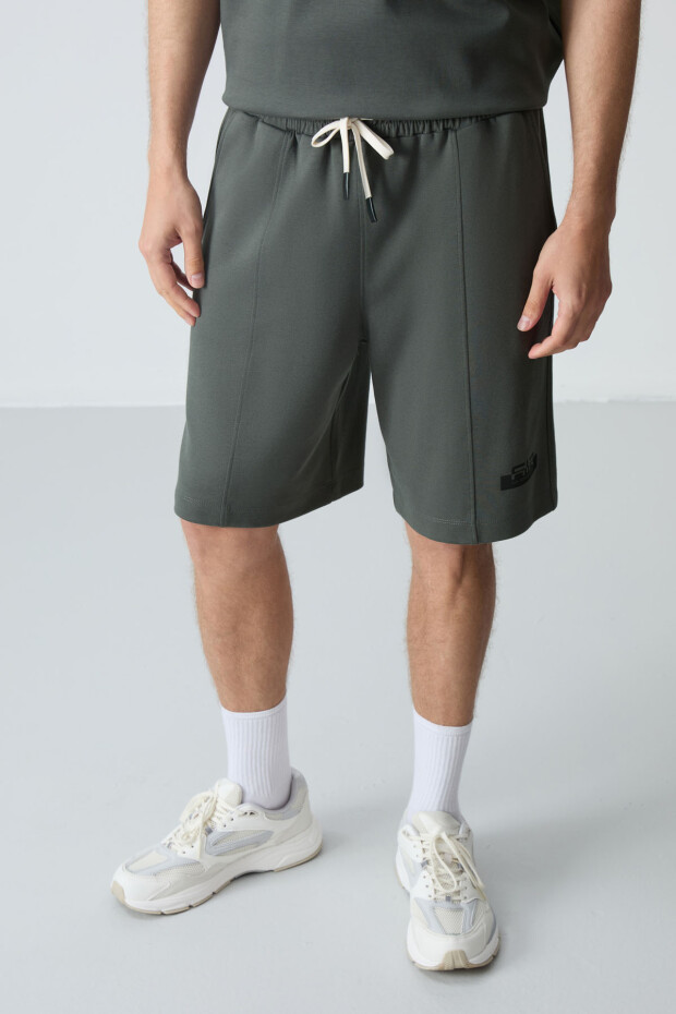 Haki Pamuklu Kalın Yumuşak Dokulu Oversize Fit Basic Erkek Şort Takım - 85259 - 3