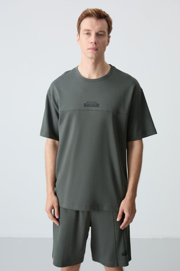 Haki Pamuklu Kalın Yumuşak Dokulu Oversize Fit Basic Erkek Şort Takım - 85259 - 6