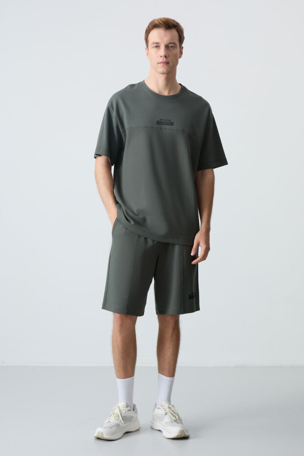 Haki Pamuklu Kalın Yumuşak Dokulu Oversize Fit Basic Erkek Şort Takım - 85259 - 4