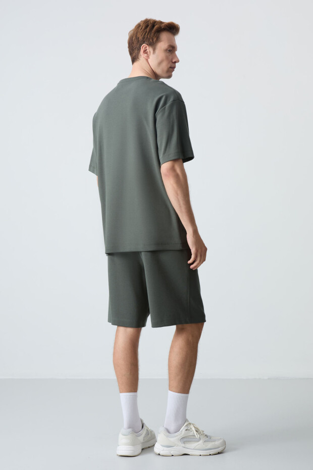 Haki Pamuklu Kalın Yumuşak Dokulu Oversize Fit Basic Erkek Şort Takım - 85259 - 9