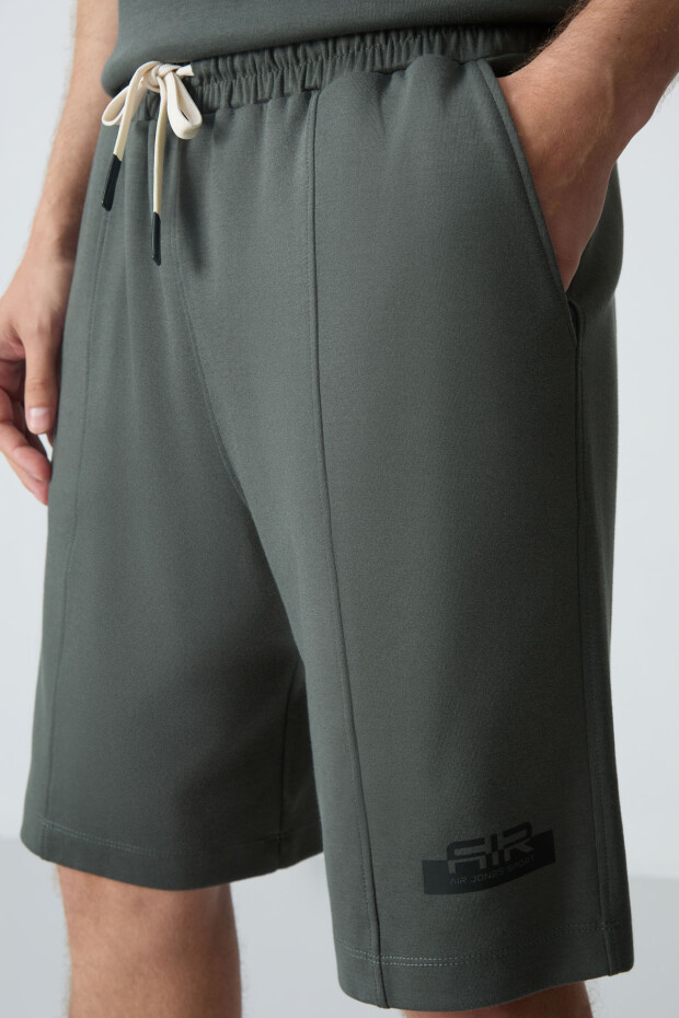 Haki Pamuklu Kalın Yumuşak Dokulu Oversize Fit Basic Erkek Şort Takım - 85259 - 7