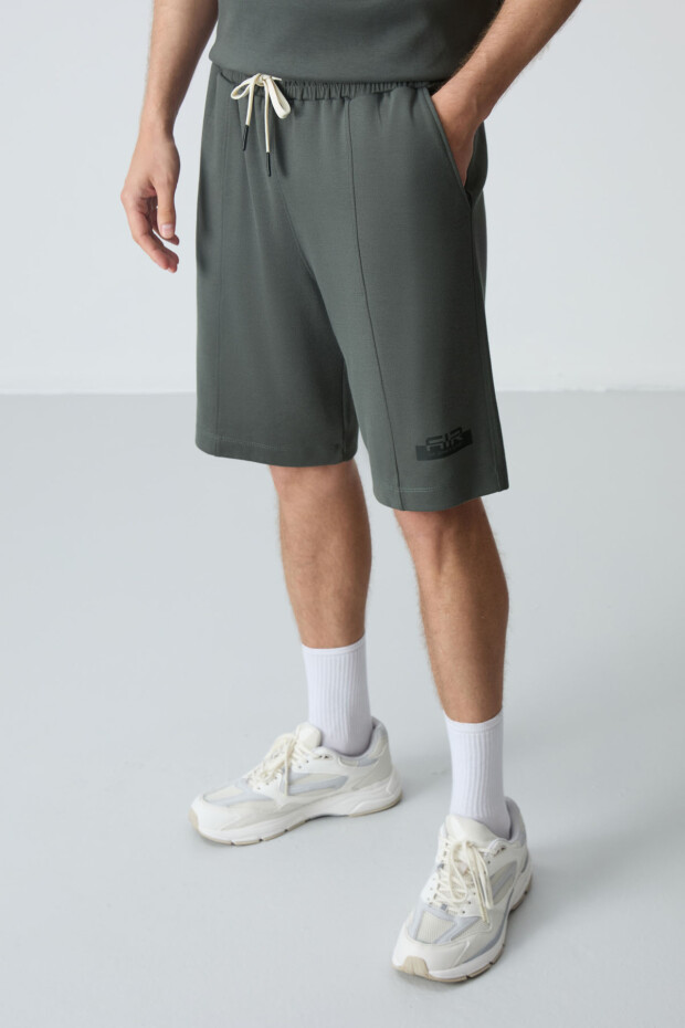 Haki Pamuklu Kalın Yumuşak Dokulu Oversize Fit Basic Erkek Şort Takım - 85259 - 8