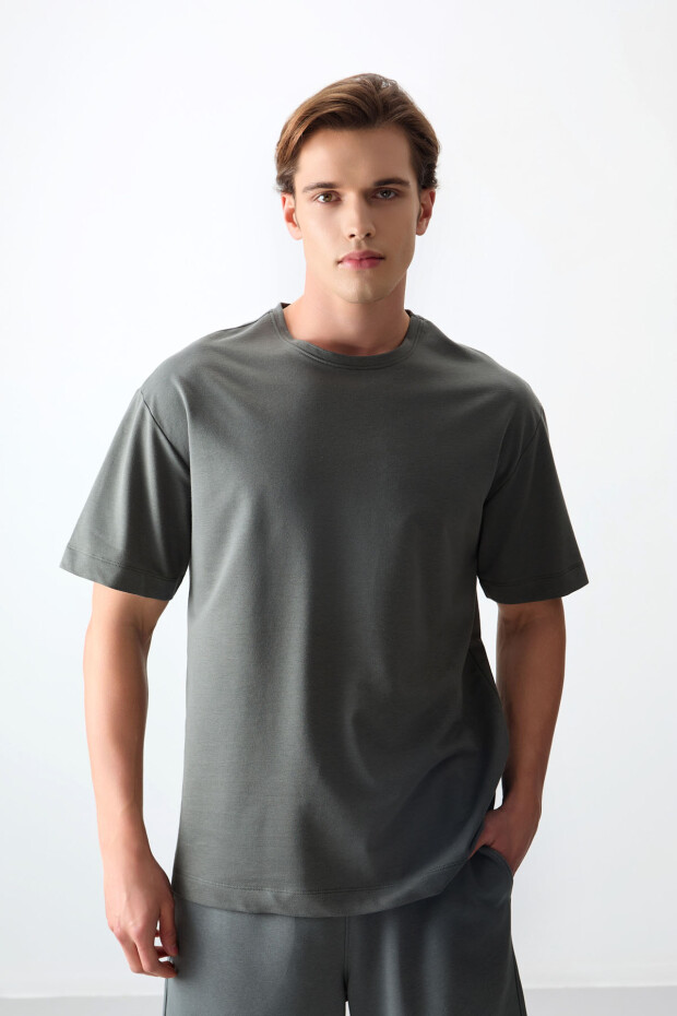 Haki Pamuklu Kalın Yumuşak Dokulu Oversize Fit Basic Erkek T-Shirt - 88377 - 5