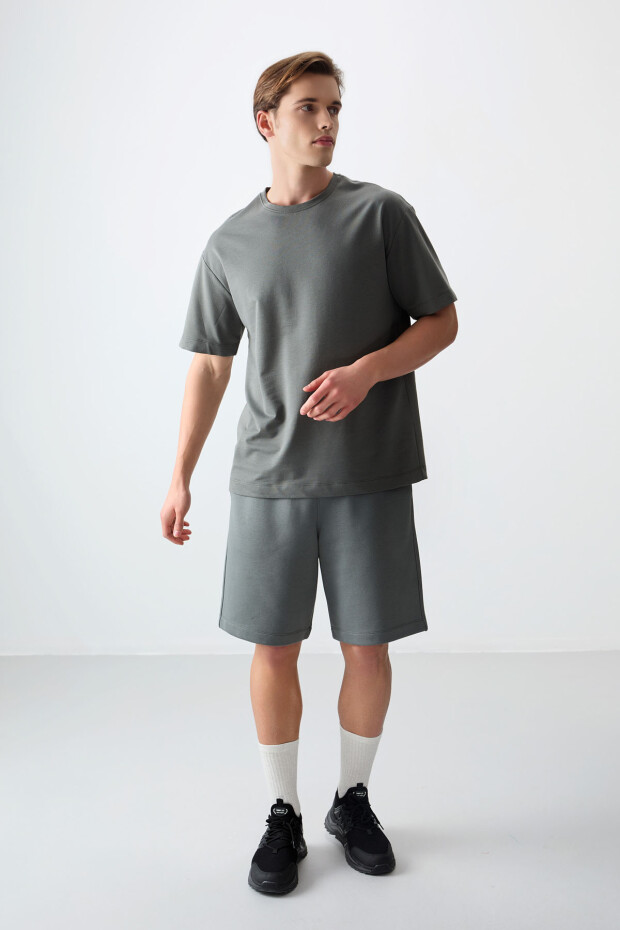 Haki Pamuklu Kalın Yumuşak Dokulu Oversize Fit Basic Erkek T-Shirt - 88377 - 3