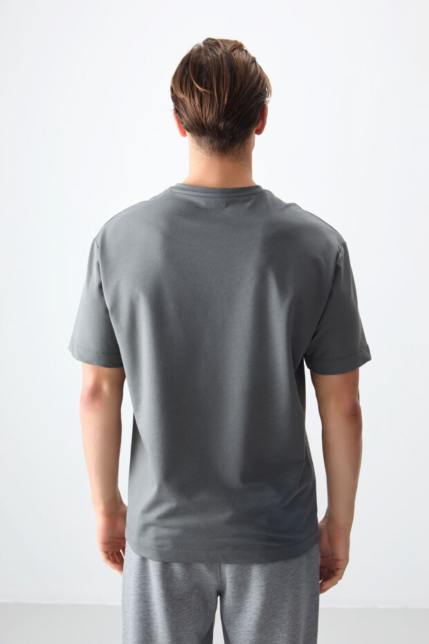 Haki Pamuklu Kalın Yumuşak Dokulu Oversize Fit Basic Erkek T-Shirt - 88378 - 5