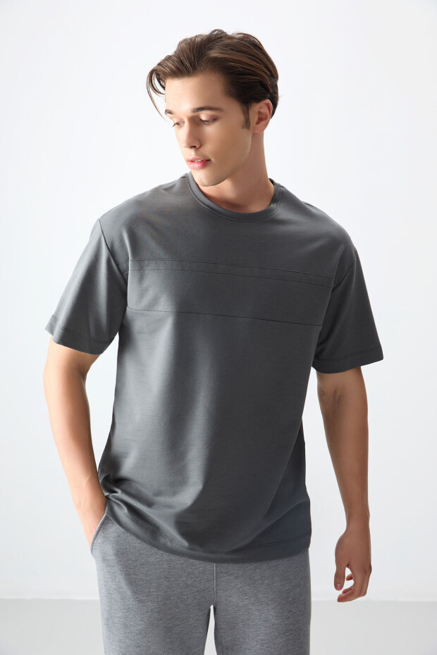 Haki Pamuklu Kalın Yumuşak Dokulu Oversize Fit Basic Erkek T-Shirt - 88378 - 4