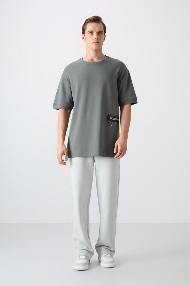 Haki Pamuklu Kalın Yumuşak Dokulu Oversize Fit Baskılı Erkek T-Shirt - 88322 - 2