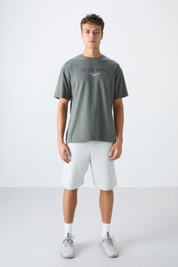 Haki Pamuklu Kalın Yumuşak Dokulu Oversize Fit Baskılı Erkek T-Shirt - 88328 - 2