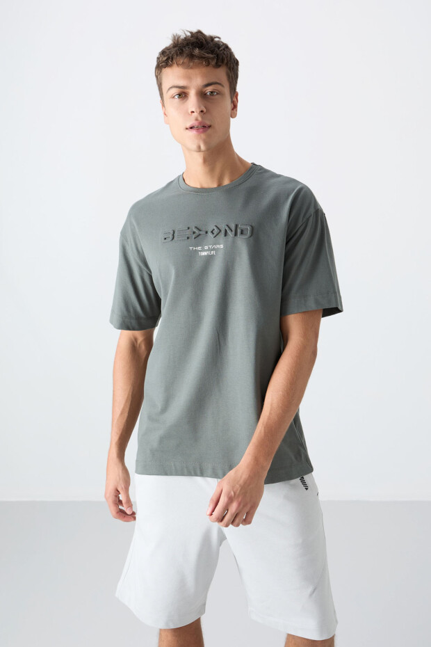 Haki Pamuklu Kalın Yumuşak Dokulu Oversize Fit Baskılı Erkek T-Shirt - 88328 - 1