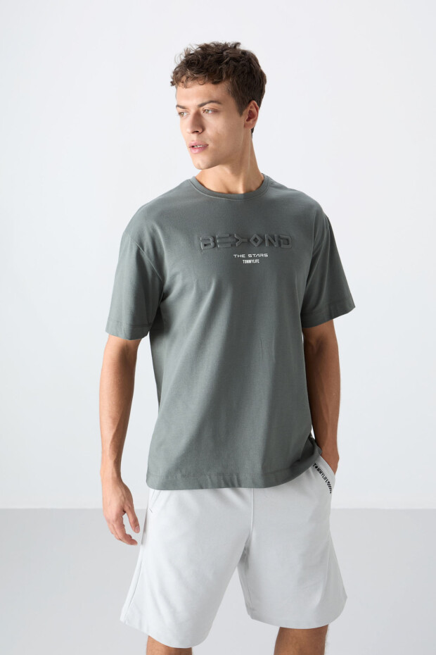 Haki Pamuklu Kalın Yumuşak Dokulu Oversize Fit Baskılı Erkek T-Shirt - 88328 - 4