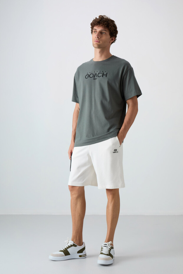 Haki Pamuklu Kalın Yumuşak Dokulu Oversize Fit Baskılı Erkek T-Shirt - 88329 - 2