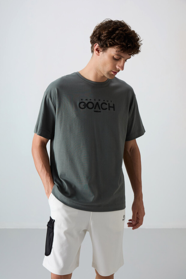 Haki Pamuklu Kalın Yumuşak Dokulu Oversize Fit Baskılı Erkek T-Shirt - 88329 - 4