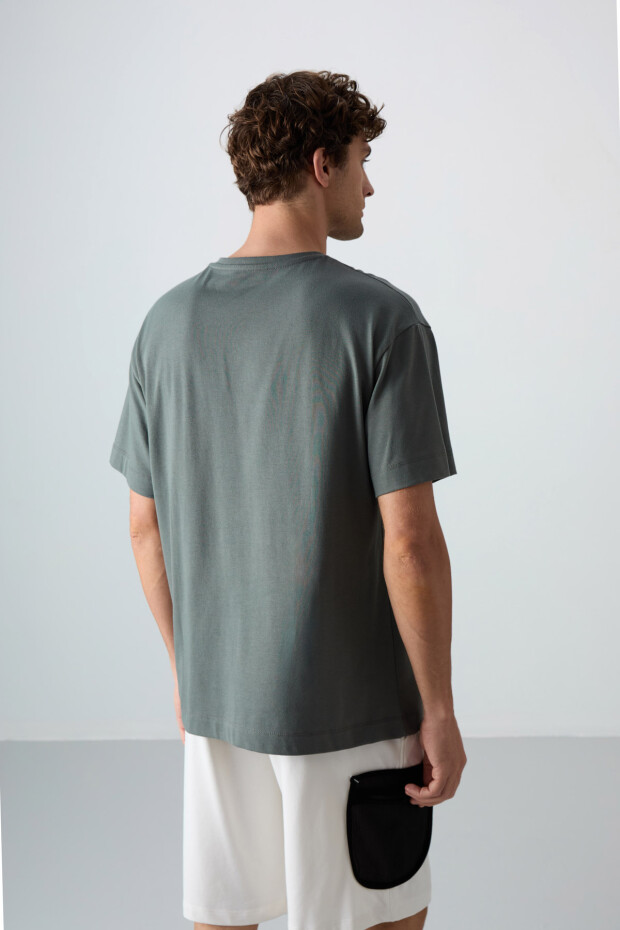 Haki Pamuklu Kalın Yumuşak Dokulu Oversize Fit Baskılı Erkek T-Shirt - 88329 - 5