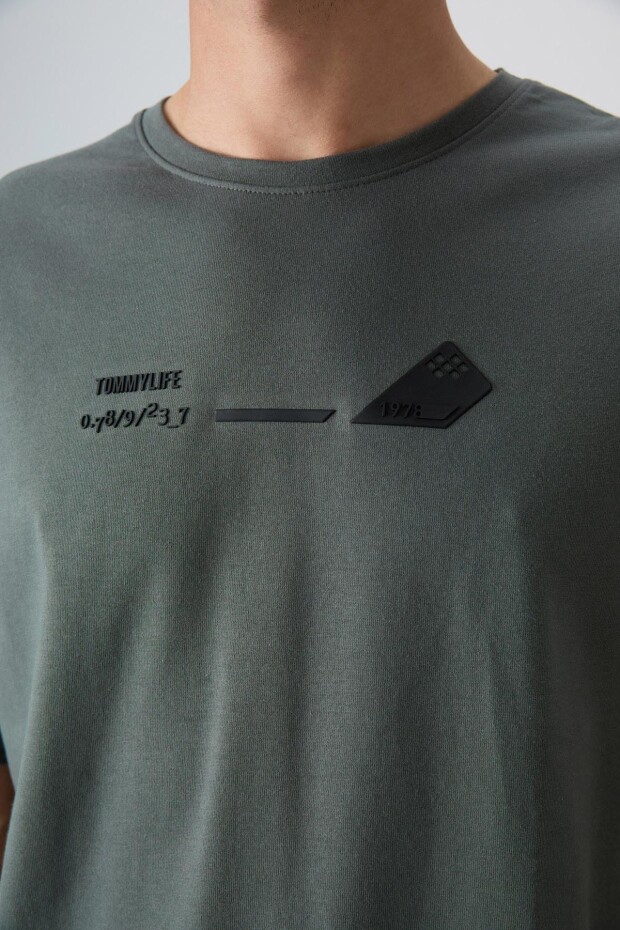 Haki Pamuklu Kalın Yumuşak Dokulu Oversize Fit Baskılı Erkek T-Shirt - 88330 - 2