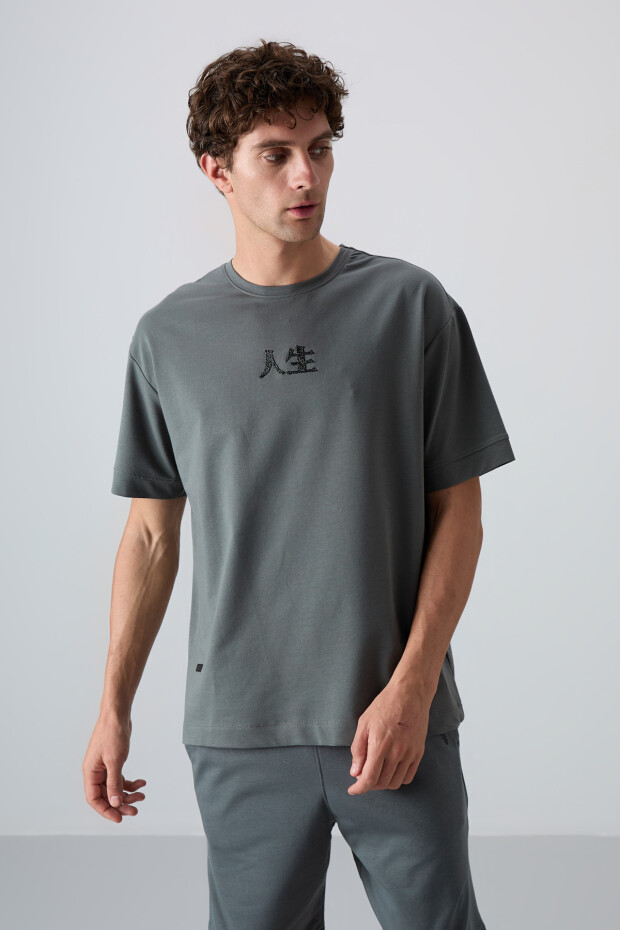 Haki Pamuklu Kalın Yumuşak Dokulu Oversize Fit Baskılı Erkek T-Shirt - 88342 - 2