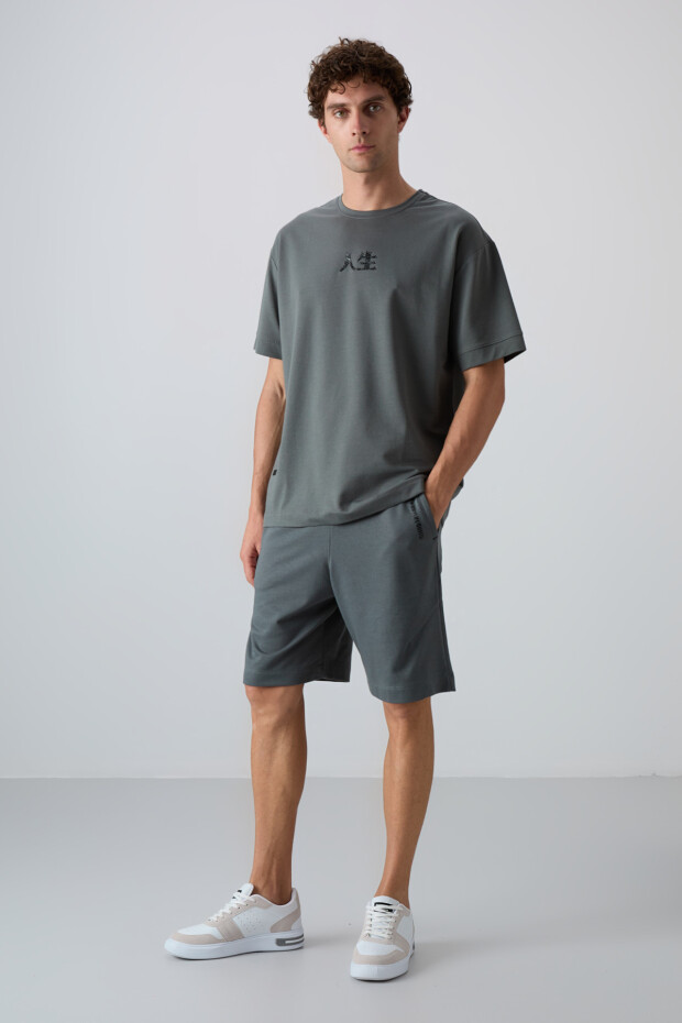 Haki Pamuklu Kalın Yumuşak Dokulu Oversize Fit Baskılı Erkek T-Shirt - 88342 - 5