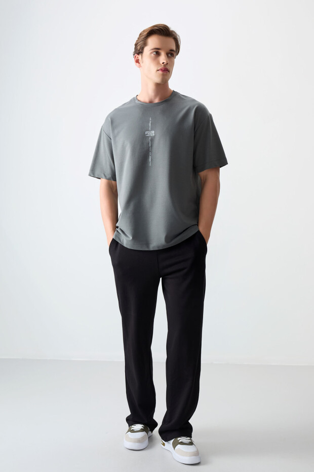 Haki Pamuklu Kalın Yumuşak Dokulu Oversize Fit Baskılı Erkek T-Shirt - 88373 - 2