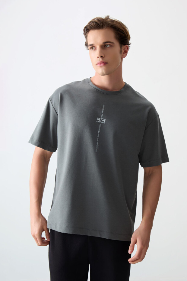 Haki Pamuklu Kalın Yumuşak Dokulu Oversize Fit Baskılı Erkek T-Shirt - 88373 - 1